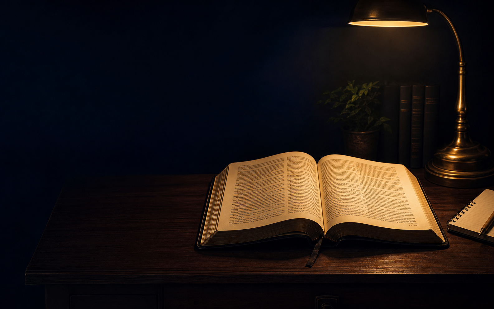 Biblie deschisă pe un birou luminat cald